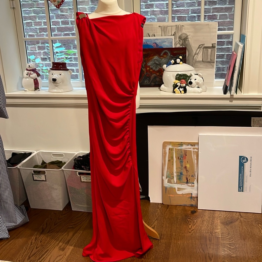 Zara red ruched gold detail maxi dress